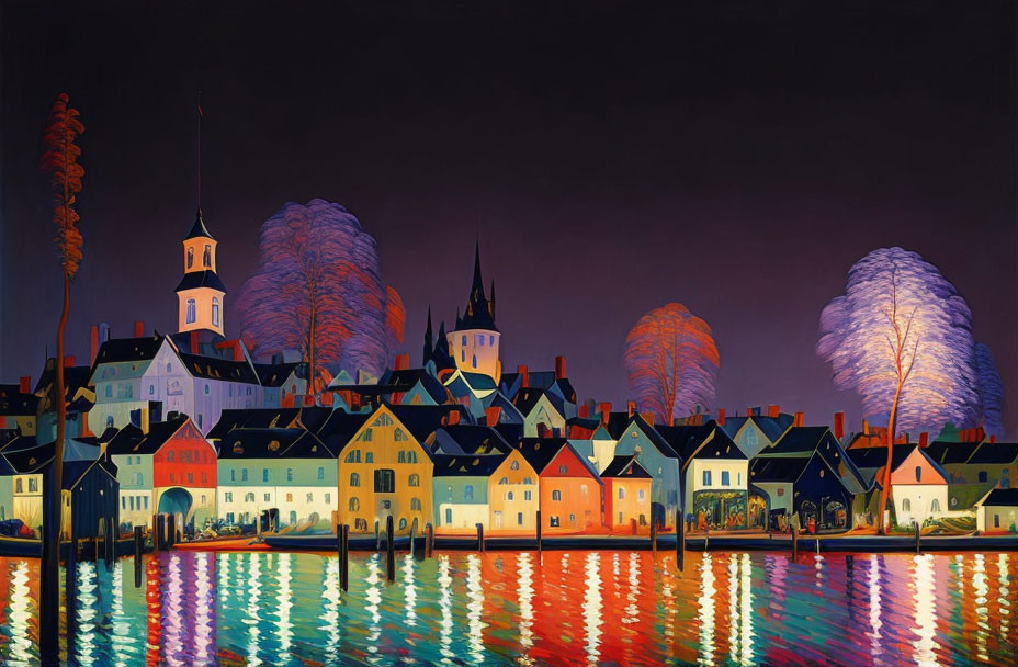 Vibrant Night Scene: Colorful Waterfront Town with Reflective Buildings