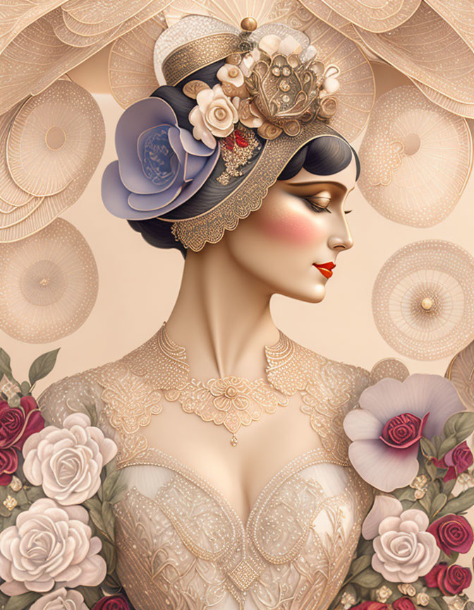 Detailed floral hat portrait of a woman with lace and blossoms on beige background