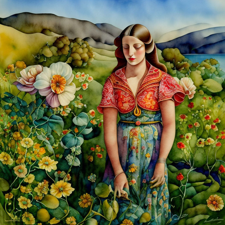 Vibrant painting of woman in flower garden with rolling hills