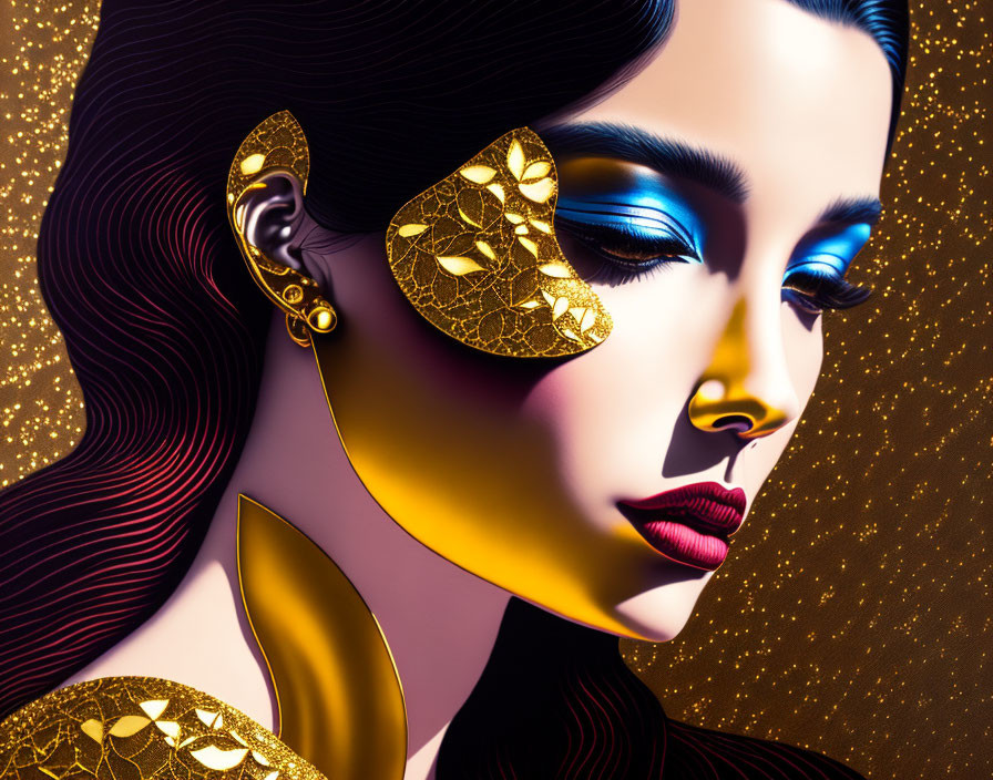 Woman with Gold Leaf Accessories and Makeup on Starry Background