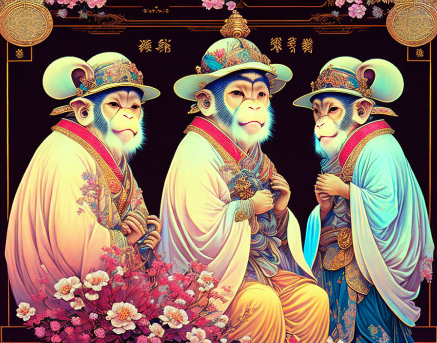 Stylized Chinese monkeys in traditional attire with floral backdrop