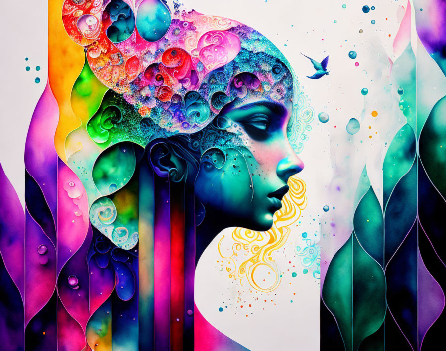 Vibrant profile illustration of woman's face with bubbles, bird, and foliage patterns