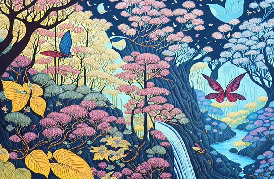 Colorful Stylized Forest with Birds, Butterflies, and Waterfall