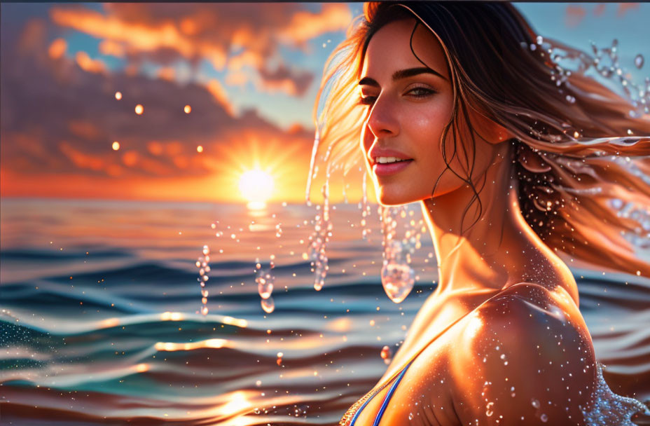 Woman with water droplets in hair admires ocean sunset