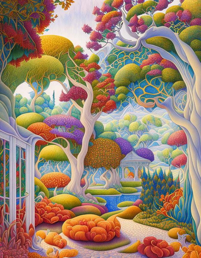 Colorful whimsical garden with stylized trees, gazebo, and winding streams