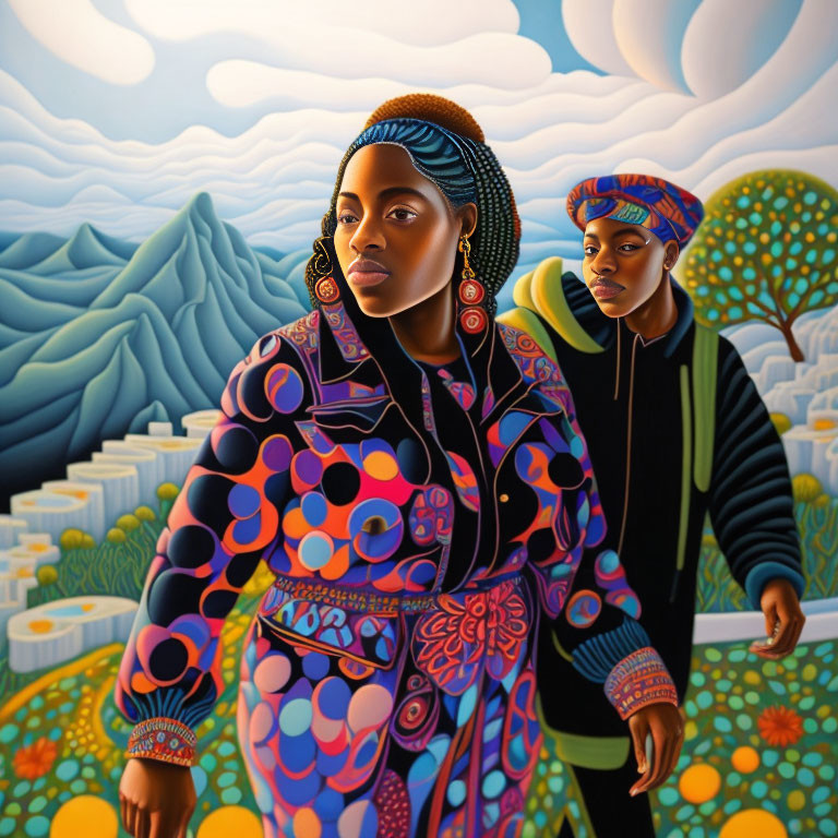 Colorful individuals in vibrant attire against stylized landscape with rolling hills, patterned trees, and swirling