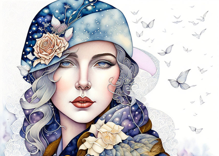 Woman with cosmos-themed hat, flowers, butterflies, and makeup