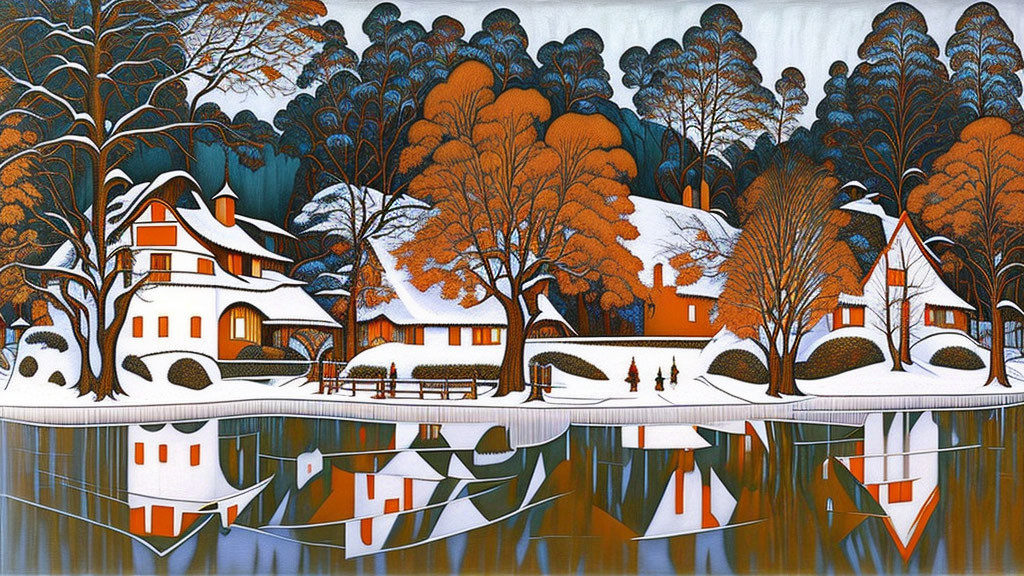 Tranquil winter scene with snow-covered houses and orange trees by a lake