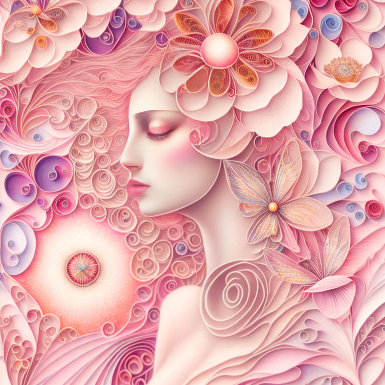 Digital artwork: Woman's profile with intricate pink floral and spiral patterns