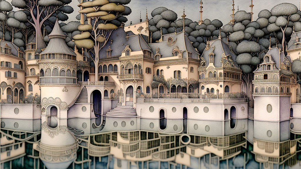 Detailed Drawing of Whimsical Architectural Structure Reflected in Water