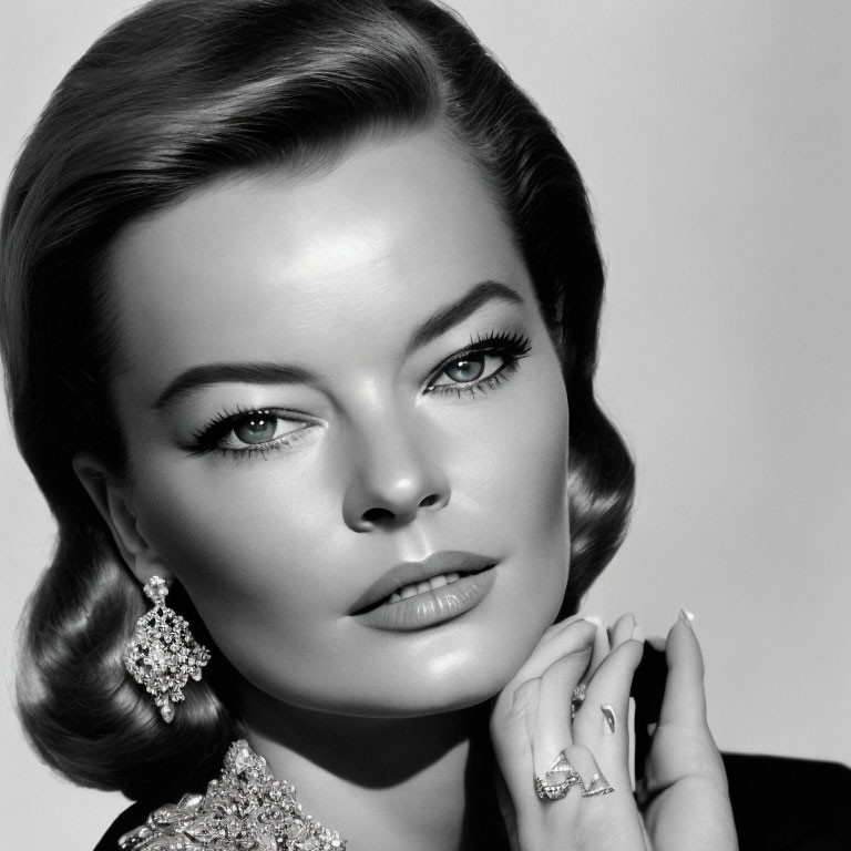 Monochrome portrait of woman with vintage hairstyle and jewelry