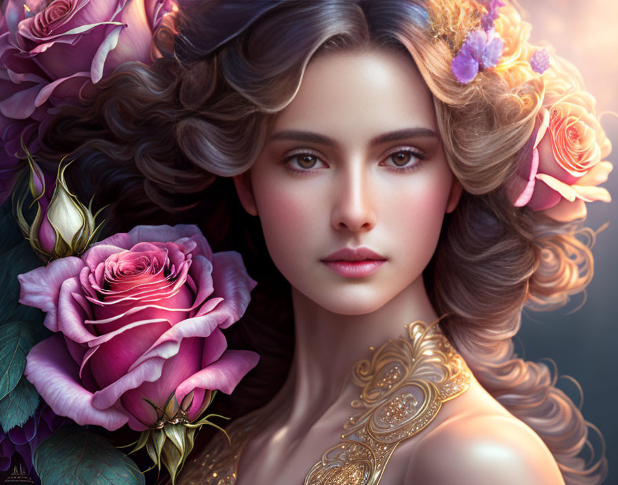 Portrait of woman with multicolored roses in flowing hair against floral background & golden shoulder armor