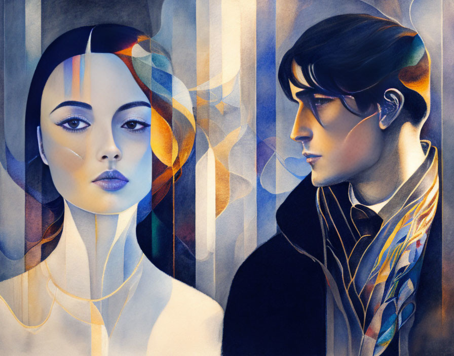 Colorful Abstract Patterns Overlapping Stylized Man and Woman Profiles