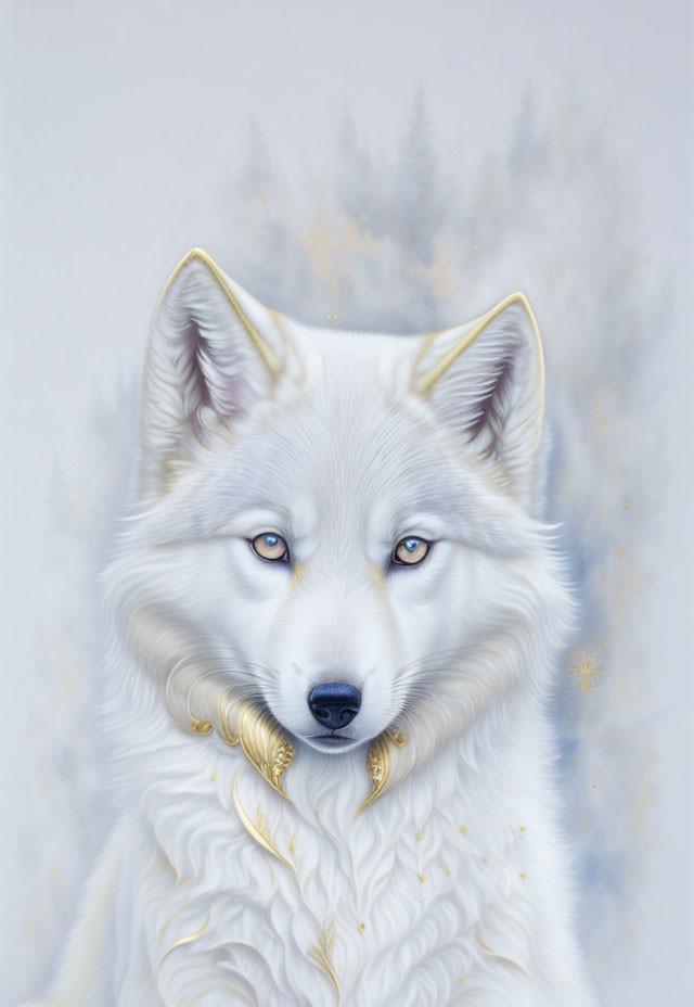 White wolf with blue eyes and golden jewelry in snowy landscape