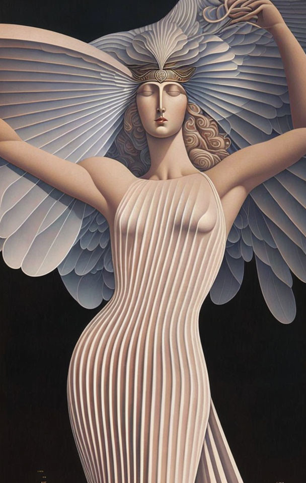 Winged female figure with elongated form and ornate helmet in serene expression