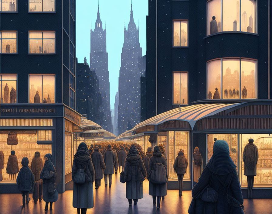 Futuristic twilight cityscape with crowds, illuminated buildings, and starry sky