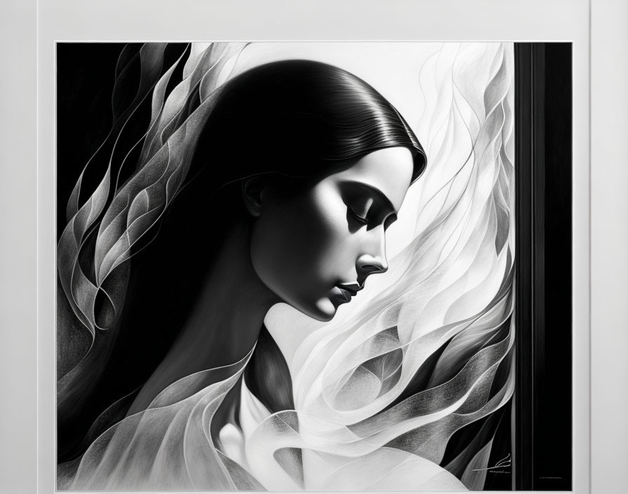 Monochrome artwork of woman's profile with flowing abstract hair patterns