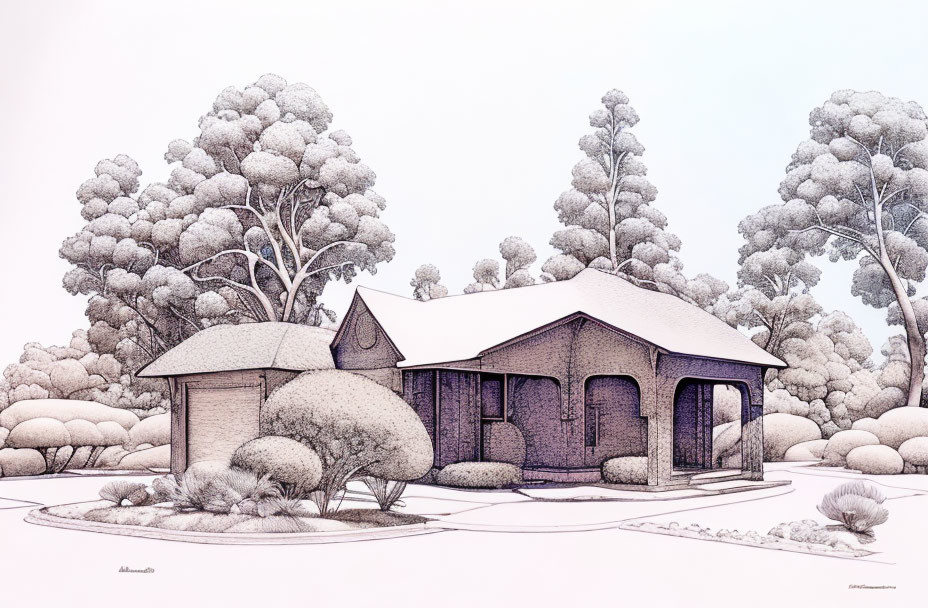 Monochromatic winter scene with snowy house and trees