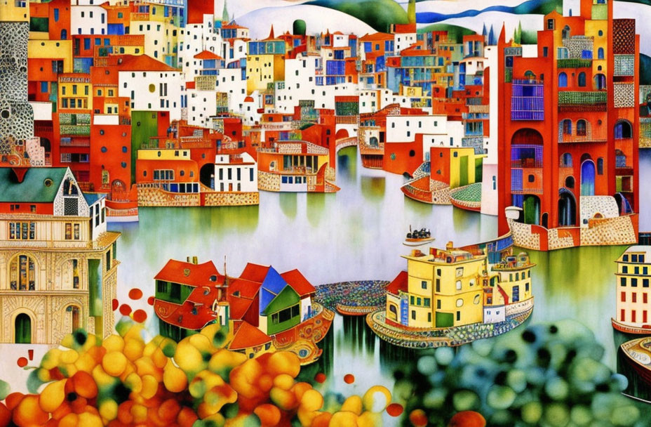 Colorful artwork of whimsical village with boats and yellow fruits