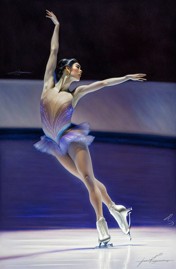 Graceful figure skater in violet costume with extended leg on ice