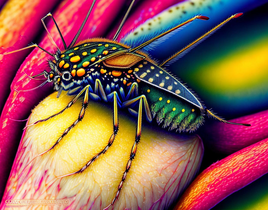 Colorful insect with intricate patterns on flower - vibrant close-up