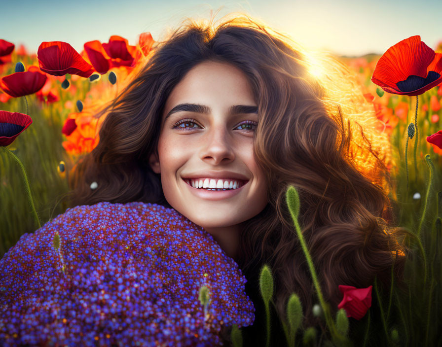 Curly Haired Woman Smiling in Poppy Field at Sunset