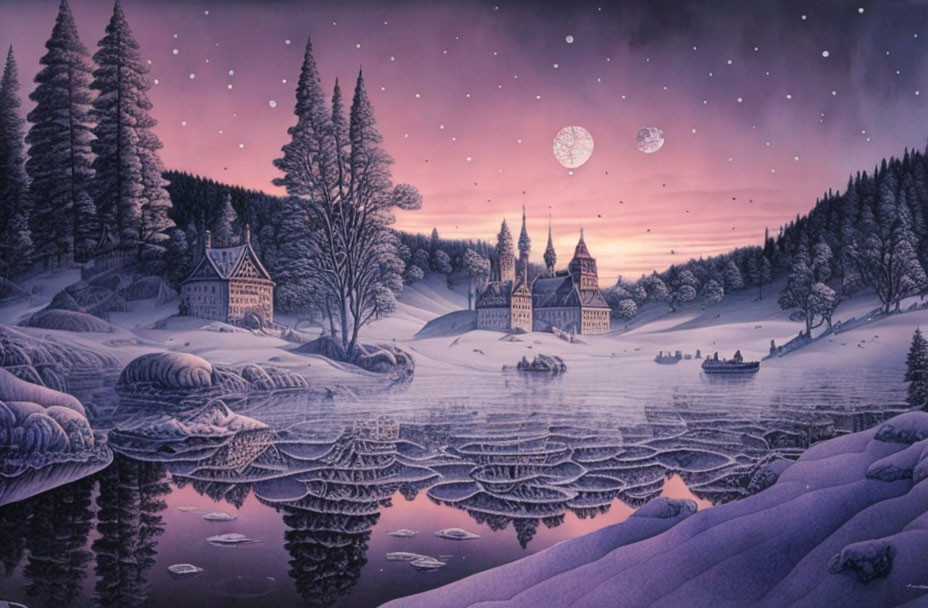 Snowy Winter Landscape with Pine Trees, Houses, Castle, Lake, and Two Moons