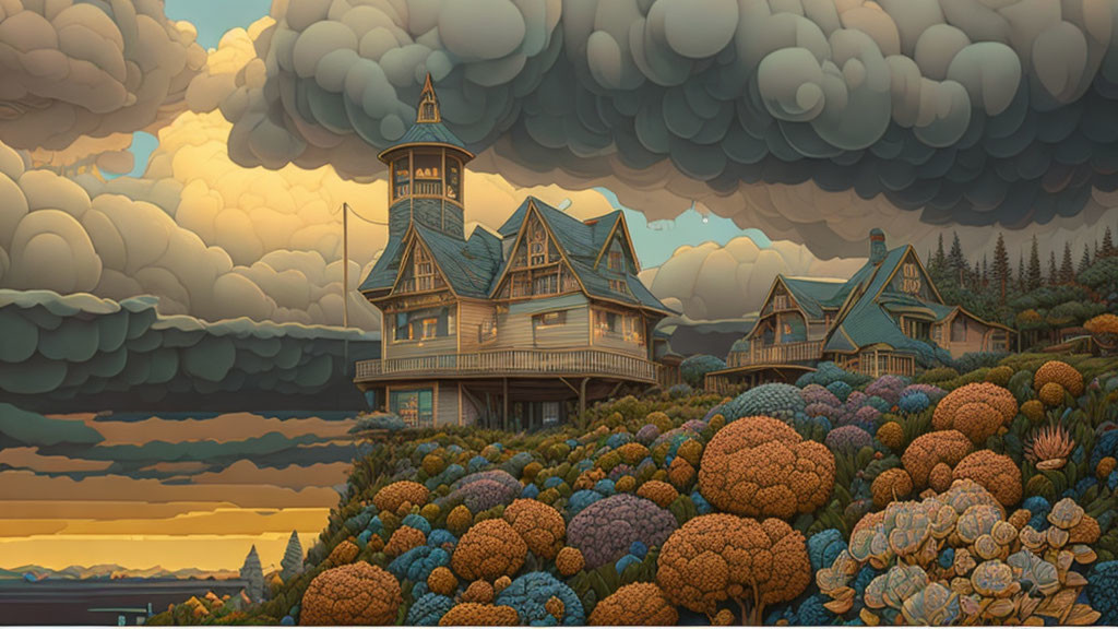 Victorian-style house illustration with warm oranges and cool blues against cloudy backdrop.