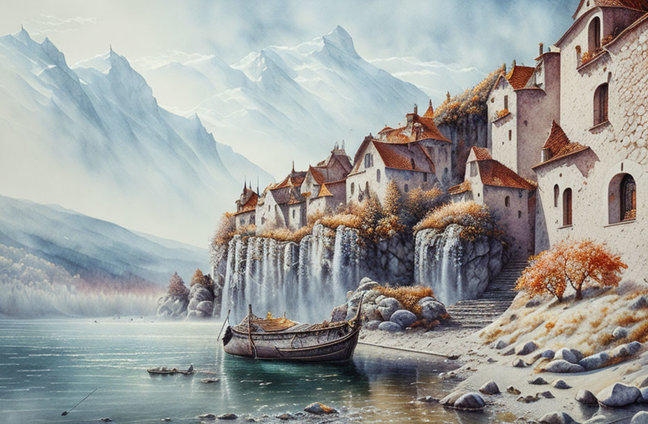 Medieval village on waterfall with lake and snowy mountains