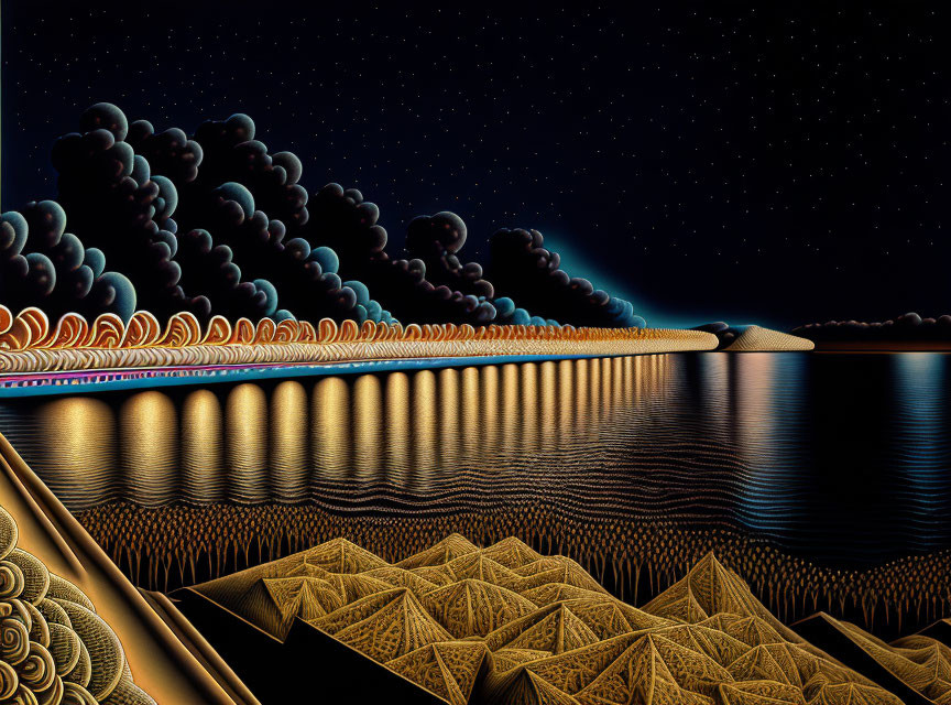 Surreal landscape with reflective water, starry sky, and pyramid-like structures