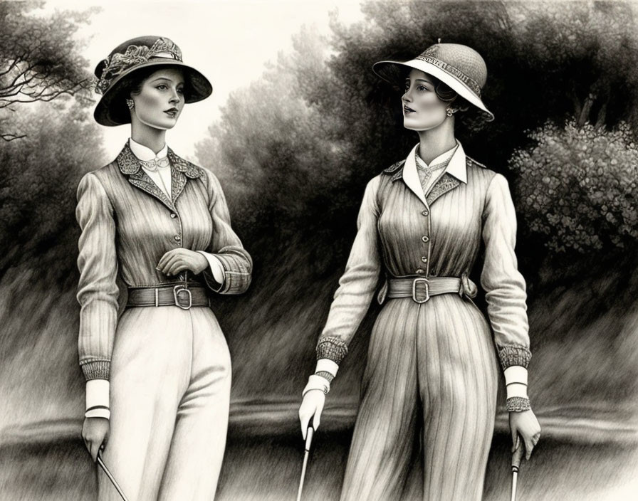 Vintage style pencil sketch of two women in hats and canes, set in a shaded grove