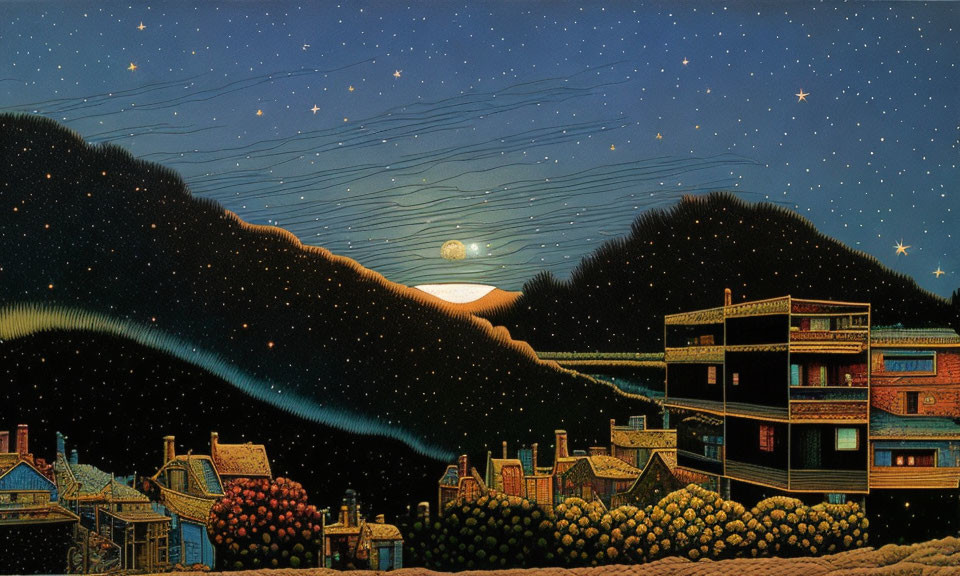 Moonrise over village with starry sky and windy lines