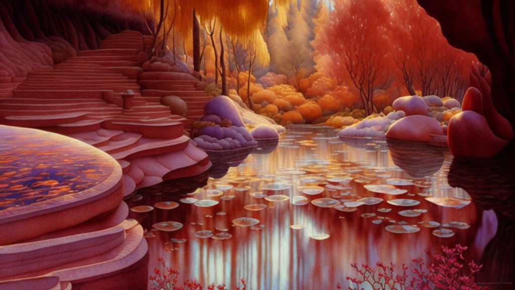 Tranquil Fantasy Landscape with Rock Formations, Reflective Water, and Autumn Trees