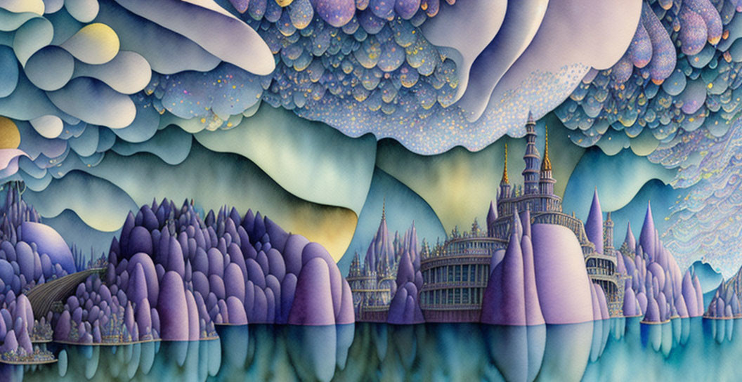 Fantastical landscape with castle, whimsical clouds, colorful terrain, and starry sky