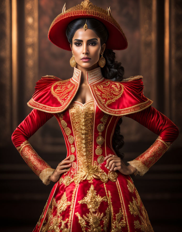 Woman in Red and Gold Military-Inspired Outfit with Structured Shoulders and Large Red Hat