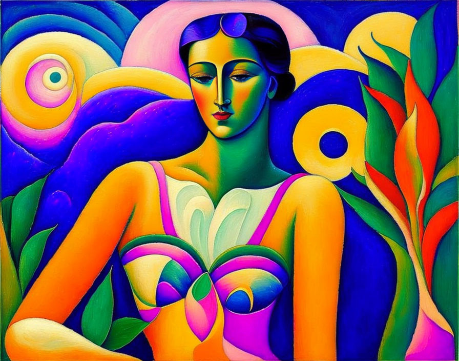 Colorful Abstract Painting of Female Figure with Swirling Patterns