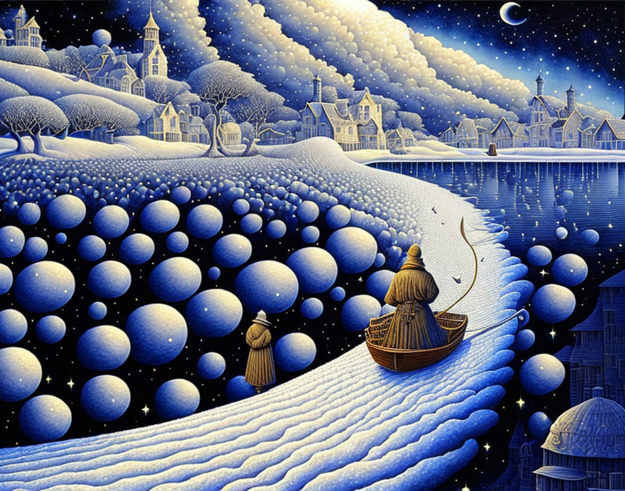 Whimsical nightscape with snow-covered trees, figures, boat, river, starry sky,