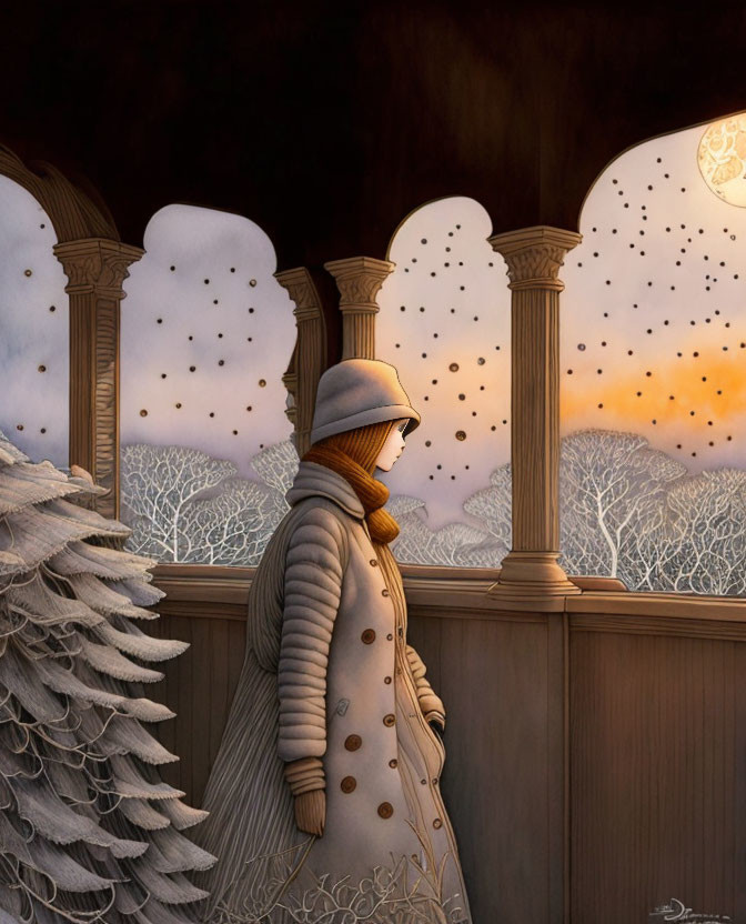 Person in winter coat gazes at twilight sky with feathered wing and trees in foreground