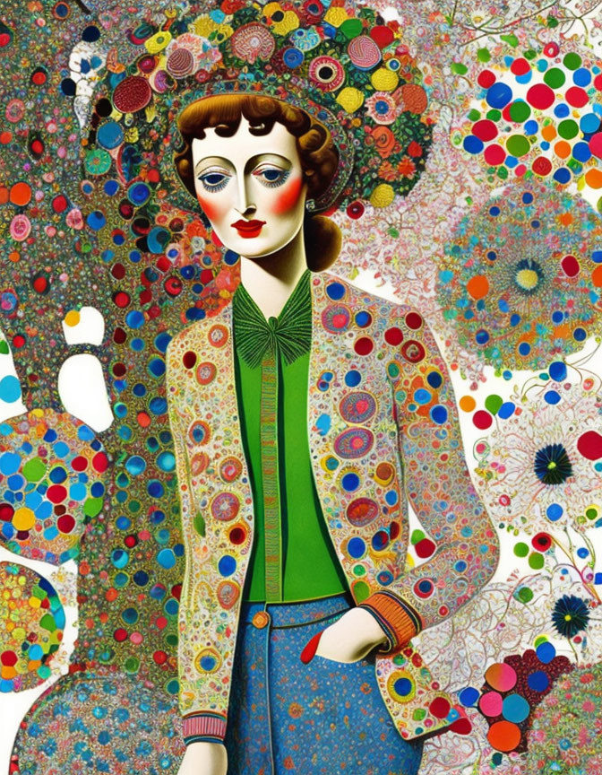 Vibrant illustration of stylized woman in patterned outfit