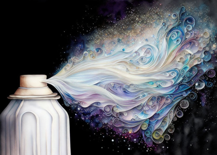 White bottle with cosmic colorful swirl and starry space background