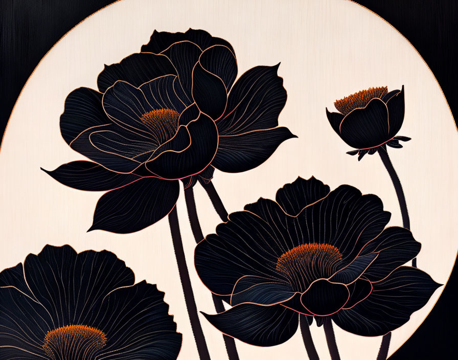 Black Lotus Flowers with Orange and White Accents on Creamy Background