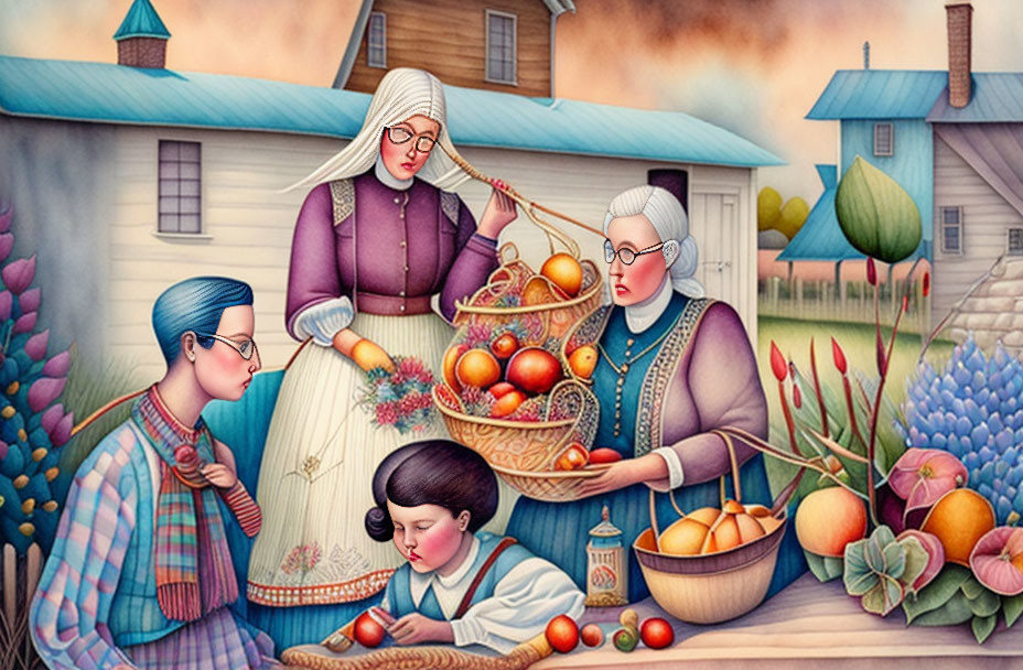 Illustration of three women in traditional attire with fruits and vegetables and quaint village backdrop