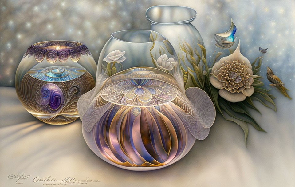 Three ornate transparent vases on textured surface with intricate designs against starry background