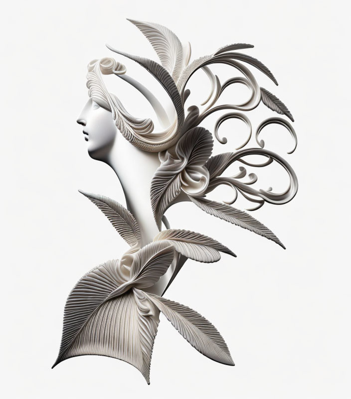 Profile view of woman's face with leaf-like paper quilling in monochromatic tones