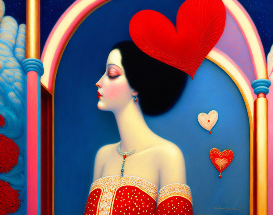 Illustration of woman in red, polka-dot dress with heart motifs and heart-shaped backdrop.