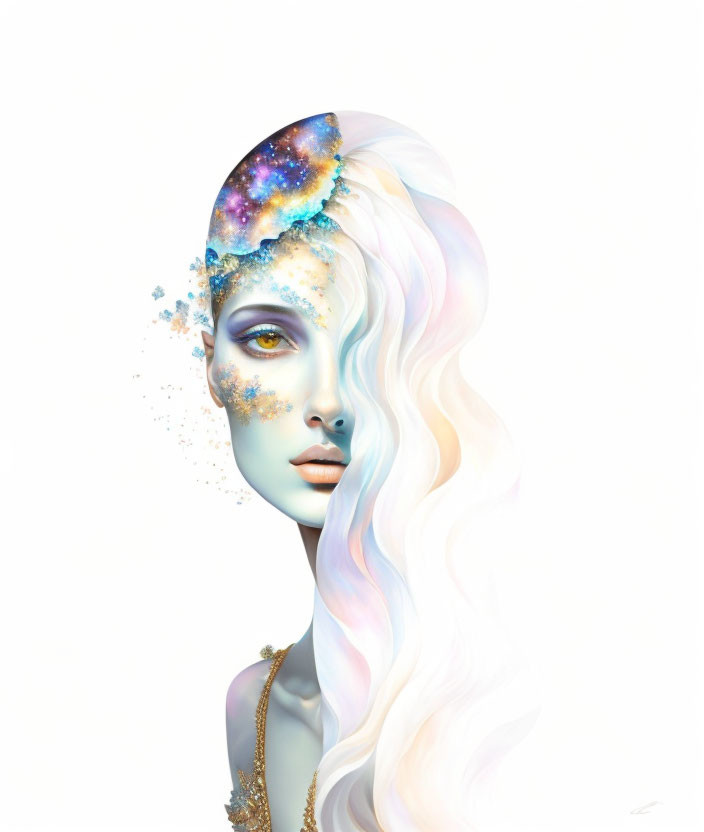 Surreal portrait of woman with cosmic headpiece and flowing white hair