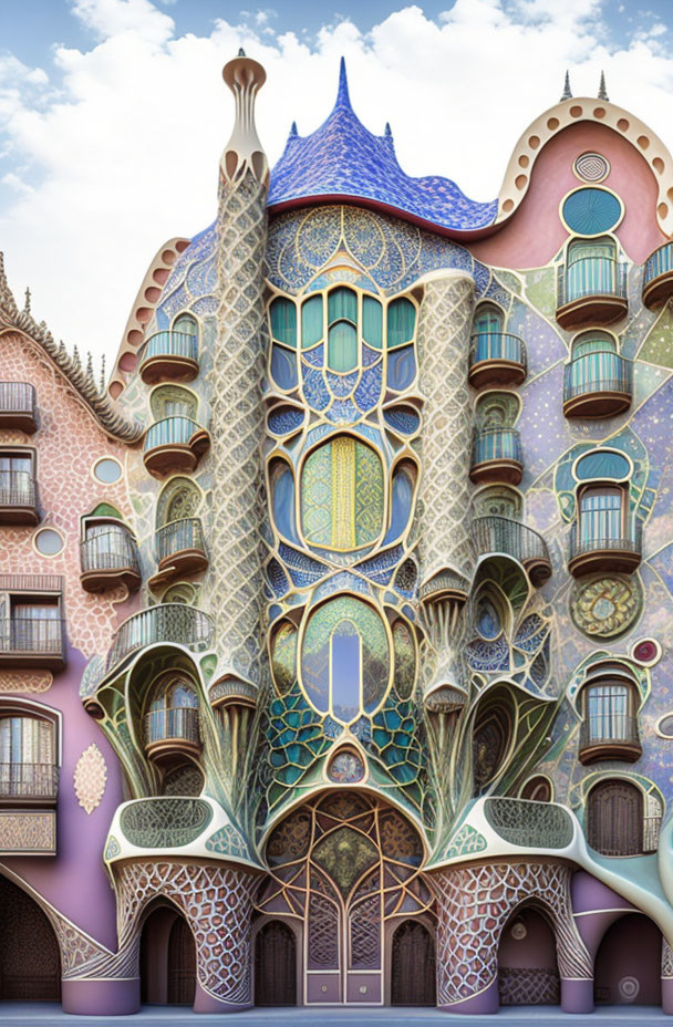 Colorful whimsical building with organic textures and modernist-inspired windows