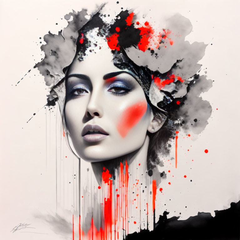 Abstract portrait of a woman with black and red watercolor splashes.