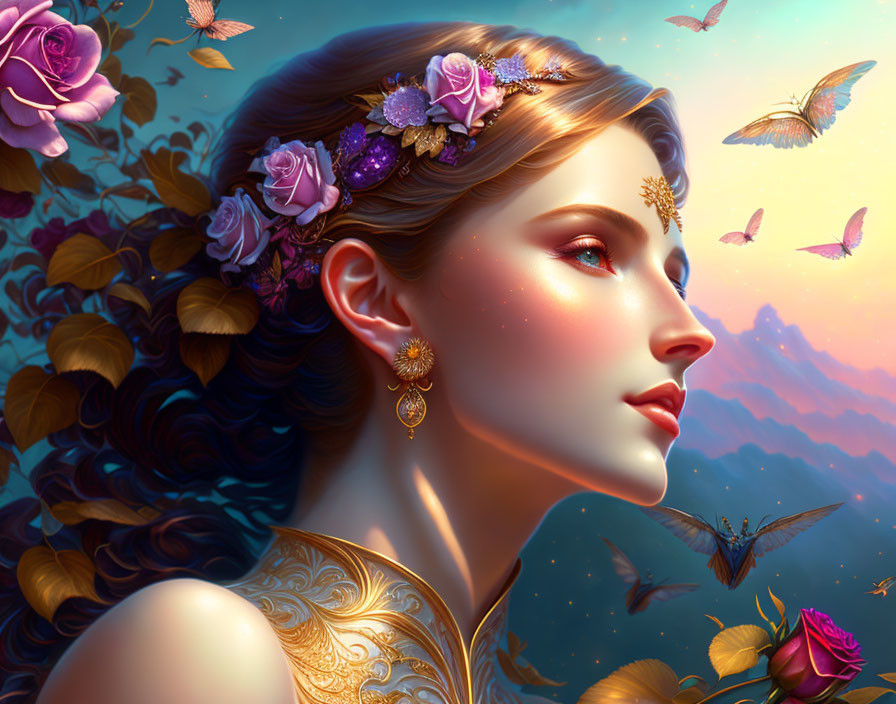 Woman with Floral Hair Accessories, Golden Jewelry, Butterflies, Roses, and Sunset Sky