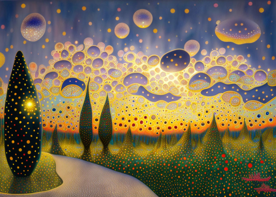 Colorful Landscape Painting with Dotted Trees and Glowing Orbs